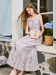 XIANGYING | Đầm Midi Vòng Eo Cao In Hoa Oải Hương Dây Đeo Mảnh