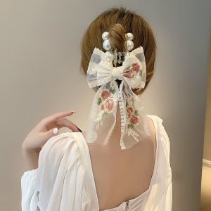 Korean Style Hair Clips for Women Big Pearl Acrylic Hair Pin for Women Elegant Lace Ribbon Hair Clip Ribbon Bow Hair Claw Clip Fashion Hair Accessories