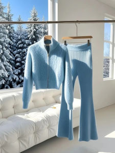 Blue High Collar Short Sweater Jacket And Long Pants Two Piece Set Autumn Winter Fashion Casual High Waist Korean Style Womens Ensemble