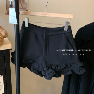 High Waist Woolen Short Pants Womens Autumn Winter Casual Style Slimming Design Bootcut Pants Wooden Edge Casual Trousers