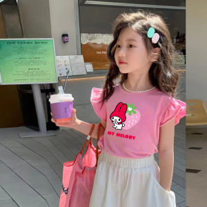 Girls Cartoon Meileti Summer Cotton T-Shirt with Flying Sleeves And Lace Hem Korean Style Slim Fit Short Sleeve round Neck