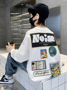 Korean Style Boys Sweatshirt round Neck Base Shirt Handsome Top for Spring Autumn Cotton Polyester Cartoon Print Regular Thickness