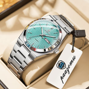 PENGAGAR Luxury Business Mens Quartz Watches Date Week Man Stainless Steel Watch Waterproof Luminous Fashion Men Wristwatch+Box