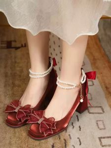 รองเท้าส้นสูงสไตล์นางฟ้า Mary Janes ทรงหัวเหลี่ยม ด้านข้างเปิด ด้านในเป็น PU สำหรับผู้หญิงวัย 18-40 ปี