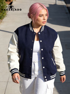 Womens Classic Varsity Jacket Vintage Plus Size Baseball Coat Letterman Streetwear Colorblock Clothing with Faux Leather Sleeve