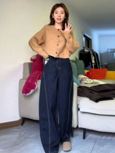 plus Size American Retro Design Denim Wide Leg Pants Women Spring Autumn Slim High Waist Versatile Banana Pants Casual Wear