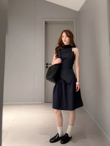 American Style Spicy Girl Asymmetric Building Silhouette Top Summer Layering Splice High Collar Hanging Neck Strap Vest Women