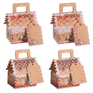 4/8pcs Christmas Gingerbread House Shape Candy Gift Boxes Kraft Paper Cookie Snack Packing Bags Xmas Party Home Decorations Noel