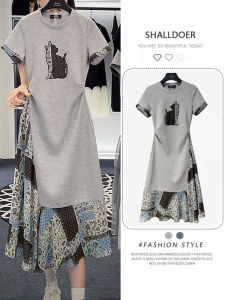 Shalldoer | Faux Two-Piece Cat Print Waist-Accentuating Dress