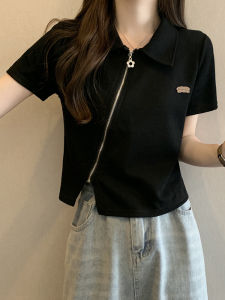 Plus Size Polo Collar Shoulder Short Sleeve T-Shirt Womens Summer Style Stylish Plus Size Ladies Belly Covering Silm Slimming Short Top