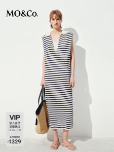 MOCO Light Weight Linen Cotton Blend Striped Nautical Style Dress Sleeveless Loose Waist Printed Summer Womens Dress