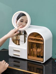 High Grade Sense Cosmetics Storage Box with Mirror Integrated with Light Large Capacity Dust Proof Box Dressing Table Jewelry Rack