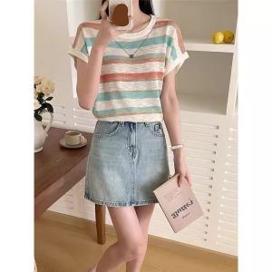 2024 New Knitted Stripe Thin Ice Silk Womens Color Block T-Shirt Short Sleeve Summer Top Design Sensation Niche Fashion Korean Style