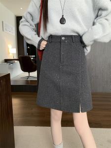 Shiny High Waist Thickened Woolen A-Line Mini Skirt for Women with Slit Autumn Winter Grey Bodycon Mid-Length Skirt