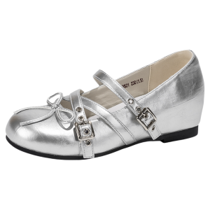Josiny | Silver Mary Jane Shoe Decorated Rivets Bow