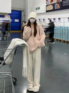 Soft Cozy Fleece Lined Knitted Trousers High Waist Wide Leg Pants Korean Style Commute Casual Pants for Women Autumn Winter