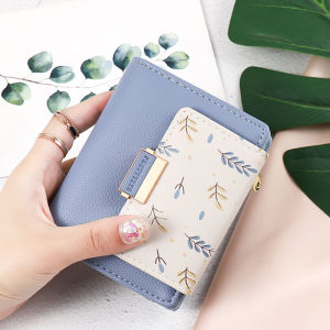 Cute Peach Blossom Korean Style Foldable Short Wallet for Women with Printed Card Slot and Buckle Closure