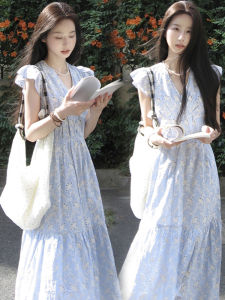 Váy Dài Chữ a Họa Tiết Hoa Cho Bà Bầu Mùa Hè Phong Cách Mới Rộng Rãi Màu Xanh Nhạt Thêu Hoa Kim Sa Thanh Lịch Váy Ren