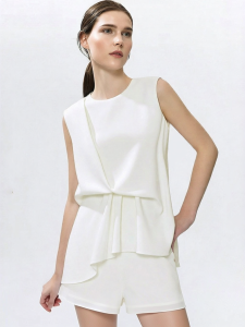 AMII | New Round Neck Sleeveless Asymmetric Pleated Double Crepe Chiffon Blouse