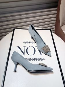 Fashionable Velvet High Heels Womens Korean Style New Version Diamond Embellished Square Buckle Pointed Toe Thin Heel Single Shoes