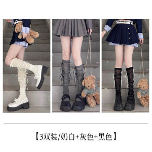White Thin Summer Ballet Style Socks with Bow Knot Splicing Grey Long Socks for Women Knee High Matching with Small Leather Shoes