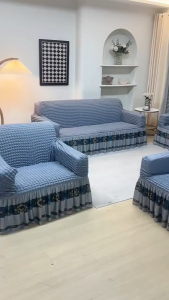 Seersucker Skirt Sofa Cover Elastic Polyester Spandex Fabric Removable Easy to Clean Machine-Washable 1/2/3/4 Seater Suitable for All Fou Seasons Holiday Pattern Classical Style