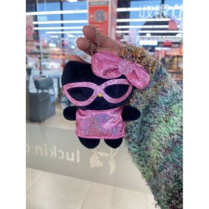 Hawaii Black Leather Hellokitty Plush Keychain Kitty KT Doll Bag Accessory Soft Toy Pendant for Handbags And Keys