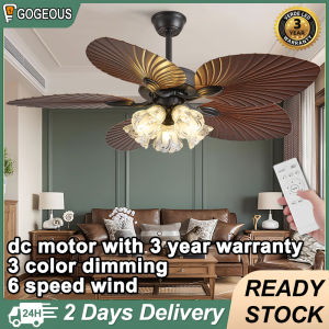 Gogeous ceiling fan with light modern retro 52 inch 3 color dimming 5 bulbs chandelier ceiling light with fan ceiling fan 5 blades big fan light with remote control for living room dining room bedroom