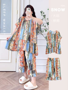 Áo Ngủ Cotton Lụa Mùa Hè Cổ Tròn Tay Ngắn Quần Dài Tám Bộ Đồ Ngủ Cỡ Lớn Thoải Mái Thoáng Khí Cho Phụ Nữ Trẻ