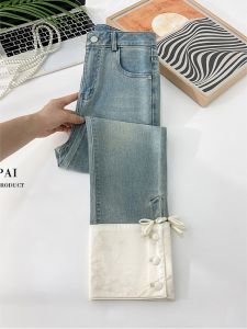 Chinese Style High Waist Straight Leg Jeans Women Summer New Thin Splicing Nine Tube Pants High Waist Long Pants Blue Denim