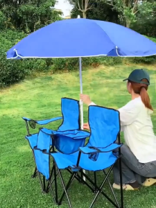 Sun Unbrella with Double Armchair Outdoor Garden Patio Sunshade Awnings Foldable Chair Complete Set Leisure Portable Chair with Cooler Bag and Side Pocket for Beach Pool Camping Yard