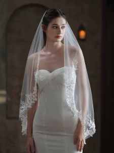 Simple Single Layer Bridal Veil White Super Fairy Lace Trim Hair Comb Style Wedding Dress Travel Photo Headwear