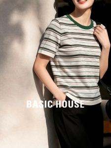Basic House | Green Stripe Crew Neck Straight Shoulder Short Sleeve Knitwear Female Summer Casual Wear