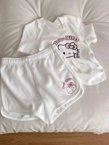 กางเกงโยคะเอวสูง Hellokitty กางเกงขาสั้นผู้หญิง กางเกงกีฬาลายการ์ตูนสุดเก๋ สไตล์ญี่ปุ่น ฤดูร้อน 2024 กางเกงขายาวทรงหลวม