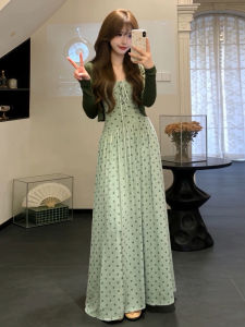 PEIZIXUAN | French Style Green Polka Dot Summer Dress