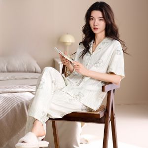 miiow | Pure Cotton Three-piece Cat Woman Summer Lightweight Short Sleeve Loose Sleepwear Pantsuit For Casual Outerwear Home Comfort