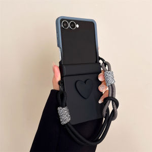 Hinge Protection Gradient Love Heart Hard PC Phone Case With Braided Wrist Hand Strap For Samsung Galaxy Z Flip 8 7 FE 6 5 4 3