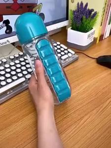 2 In 1 Pill Box With Sports Water Bottle 600m/20.3oz Water Bottle With 7-Day Pill Storage Organizer Portable Travel Pill Case