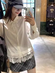 Áo Sơ Mi Rộng Cổ Bẻ Ren Xếp Nếp Có Dây Buộc Thời Trang Mùa Xuân Thu Mặc Trong Màu Trơn Dài Tay Khóa Cài