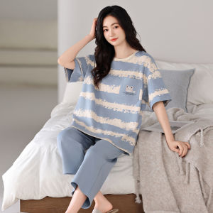 Miiow | Cat Woman Sleepwear Set With Chest Pad Summer Thin Short Sleeve Seven-Foot Pants Casual Home Clothes Large Size Cotton 100%