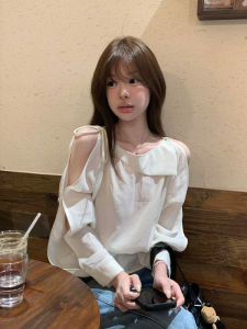 DUOFEIYAN | Korean Style White Lace-Up Long Sleeve Sheer Off-Shoulder Shirt Lightweight Stylish Youthful