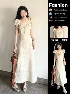 Sinani Womens Summer Chic French Style Bubble Sleeve Dress High Waist A-Line Skirt with Short Sleeve and Printed Pattern