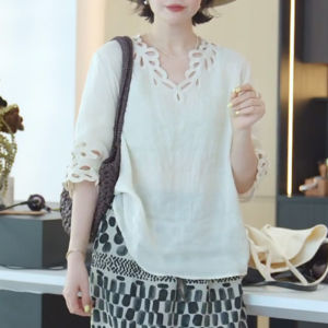 Shalldoer | Áo sơ mi nữ cổ chữ V hở nửa thân rộng tay ngắn màu trơn mùa hè mới phong cách Pháp nặng nề thời trang thanh lịch