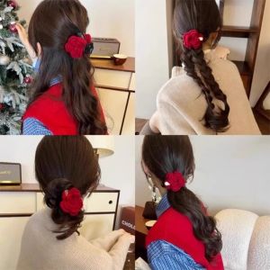 Red Wool Rose Flower Hair Clip Womens New 2024 Back of Head Bun Hair Claw Hair Band Horizontal Clip Fashionable Hair Accessories