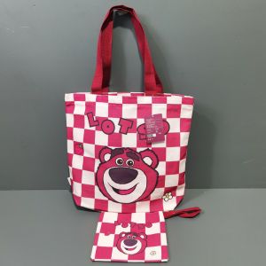 Large Capacity Canvas Shopping Bag with Zipper Cartoon Cotton Commuter Shoulder Bag Eco Friendly Handbag Storage Organizer