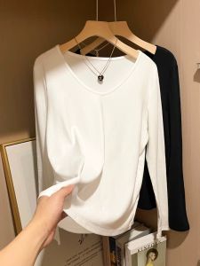 QIAOCHENXIAN | 95 Cotton Loose Fit V-Neck Long Sleeve T-Shirt for Plus Size Women