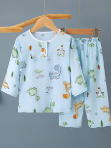 Summer Childrens Cotton Silk Sleepwear Set Thin Home Clothes for Boys And Girls Air Conditioned Long Sleeve round Neck Pajamas