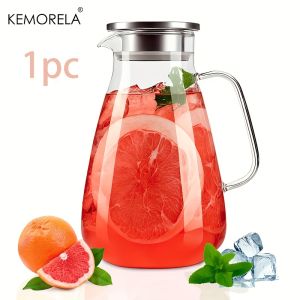 2L Glass Pitcher with Lid - Sturdy Handle & Base For Iced Tea Coffee Juice & Homemade Drinks Hot/Cold Resistant Dishwasher Safe