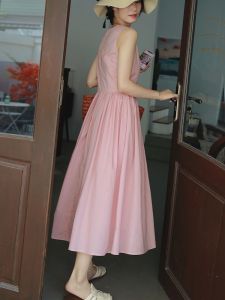 เรโทร มินิมอล บาง พลีท บริสุทธิ์ เสื้อกั๊กผ้าคอตตอน กระโปรง สูง เอว สลิม ทรงเอ ยาว เดรส แขนกุด เดรส สไตล์หวาน ฤดูใบไม้ผลิ ฤดูใบไม้ร่วง