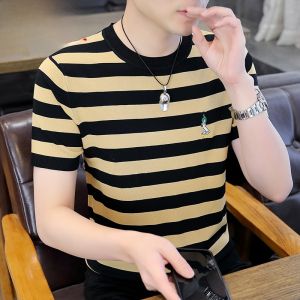HENGYUANXIANG | Hengyuanxiang Summer New Ice Silk Knitted Short Sleeve Mens Embroidered T-shirt Casual Striped Dad Top Base Shirt T